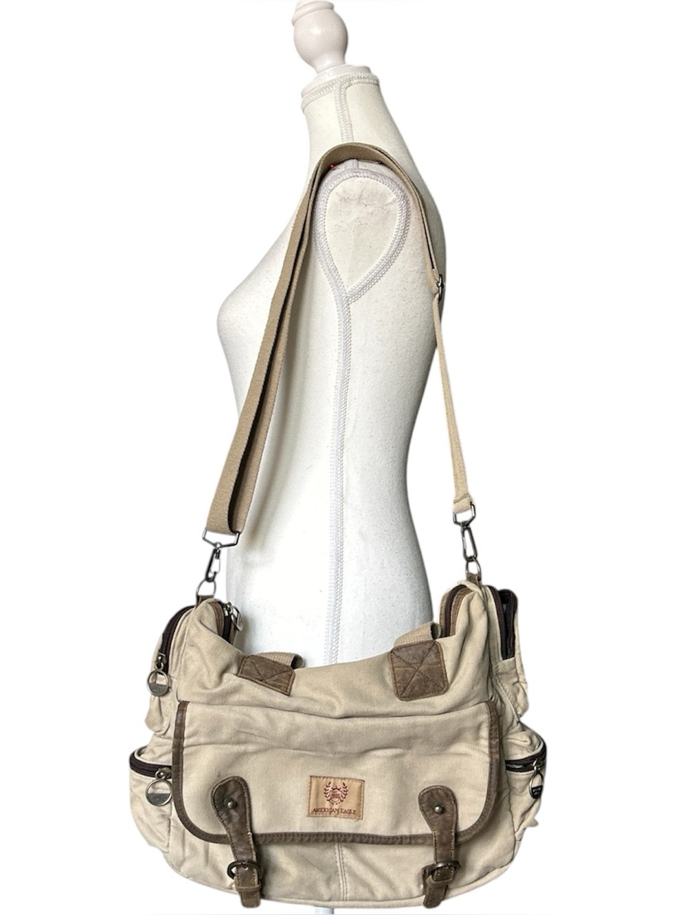 Y2K Grunge “American Eagle” Cream/Beige Cargo Utility Style Laptop Bag